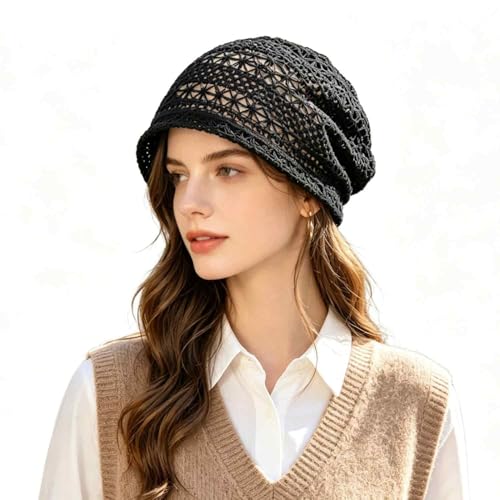 Women's Sparkly Lace Beanie Hat for Women, Lightweight Breathable Knit Skull Cap,Fashion Slouchy Beanie - color: Black 002