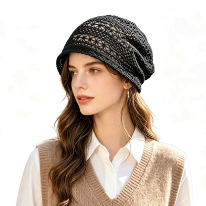 Women's Sparkly Lace Beanie Hat for Women, Lightweight Breathable Knit Skull Cap,Fashion Slouchy Beanie - color: Black 002