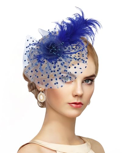Zinniday Victoria Fascinators Hats for Women - 2026 Kentucky Feather Mesh Derby Hat 1920s Tea Party Headwear for Church - color: Blue