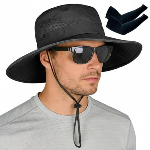 ZOORON Sun Hats for Men Women, Wide Brim Safari Hats UV Protection UPF50+ Waterproof Boonie Hats for Fishing Hiking Camping - color: With One Pair Cooling Sleeves-1pack-black