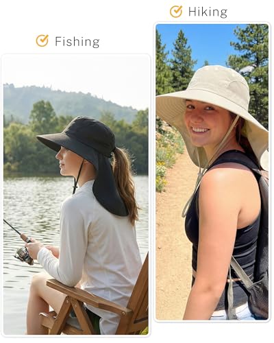 Women Sun Hats UV Protection Wide Brim with Bucket Ponytail Hole - color: Black