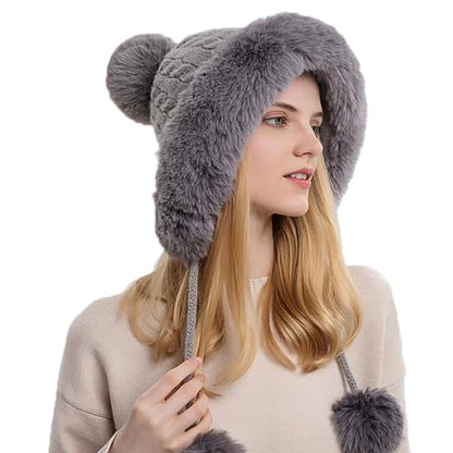 Womens Faux Fur Hat with Fluffy Pompom for Winter Fuzzy Knitted Beanies Skull Cap Warm Earflaps Cold Weather Cute - color: Grey
