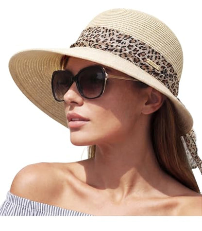 Packable Floppy Sun Hat for Women, Wide Brim Foldable Beach Hat with Soft Sweatband for Sun Protection, Travel & Summer - color: Beige-leopard Print