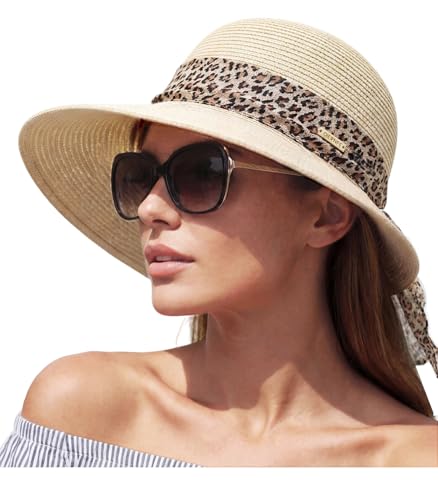Packable Floppy Sun Hat for Women, Wide Brim Foldable Beach Hat with Soft Sweatband for Sun Protection, Travel & Summer - color: Beige-leopard Print