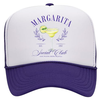 Margarita Social Club Trucker Hat | Margs Tequila Drinking Funny Cute Drinks | Premium Mesh Foam Trucker Hat for Men & Women - color: Purple/White