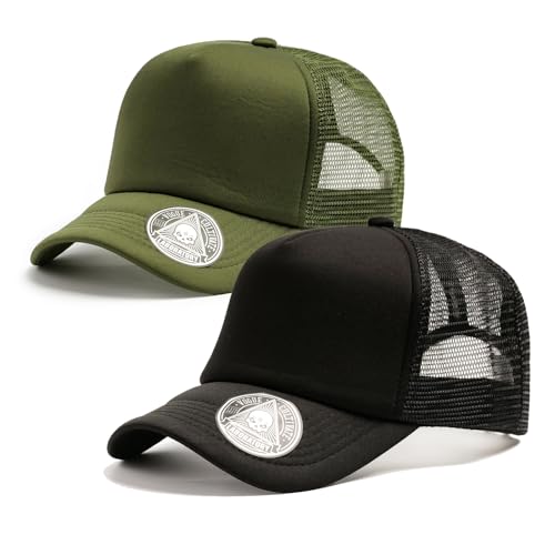 2-Pack Classic Foam Trucker Hat Summer Mesh Hat Lightweight Adjustable Back Buckle Strap - color: Black/Green