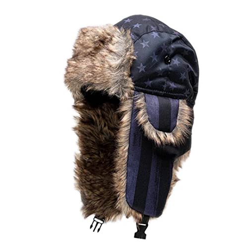 S A Soul of Adventure Winter Hat for Men & Women | Ushanka Russian Hat | Faux Fur Hat with Ear Flap - color: Blackout American Flag