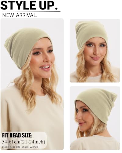 Thin 100% Cotton Fine-Knit Beanie Hat Slouchy Soft Chemo Skull Cap - color: 1-khaki