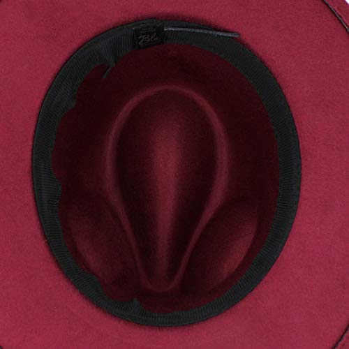 Premium 3" Wide Brim Solid Color Felt Gold Chain Fedora Panama Hat - color: Burgundy