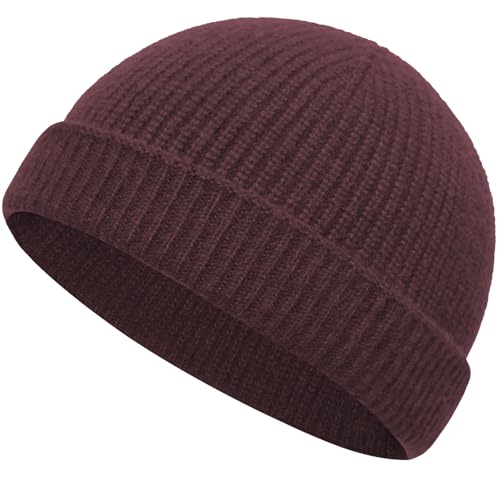 Thin Wool Fisherman Beanie Hat Unisex Cuffed Trawler Skull Cap - color: 1 Wine Red