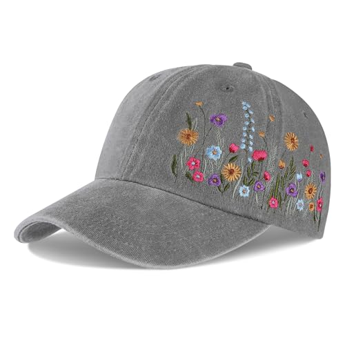 Trendy Handmade Embroidered Baseball Cap for Girls Women, Vintage Wash - style: Elegant Floral