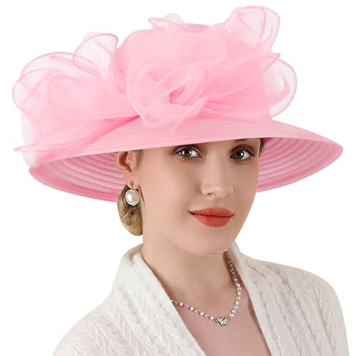 DRESHOW Lady Derby Dress Church Bowler Cloche Hat Bowknot Organza Bridal Cap for Wedding - color: 1 Pack Bowler Hat: Pink