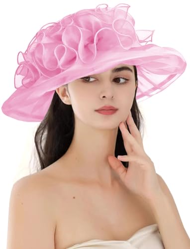 Women's Kentucky Derby Church Dress Hat Wide Brim Leaf Flower Bridal Shower Hat - color: G1-pink