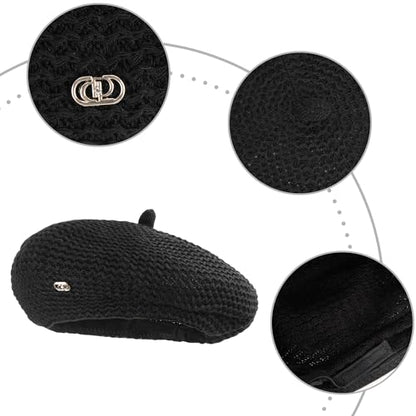 Women Summer Straw Woven Sunhat Classic Beret Artist Painter Sun Hat Cap - color: B Black