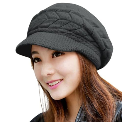Loritta Womens Winter Beanie Hats, Thick Warm Beanie with Visor Brim - color: Dark Grey