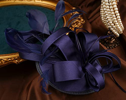 Kentucky Derby Fascinators for Women High Tea Party Hat Wedding Cocktail Flower Headware with Mesh and Feathers - color: Y-navy