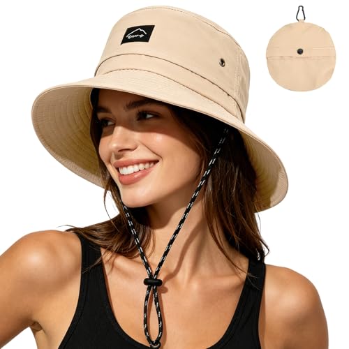 ZOORON Sun Bucket Hats for Women Men UPF 50+Packable Fishing Hats Quick Dry Waterproof Hiking Hat with Detachable Chin Strap - color: 1pack-beige
