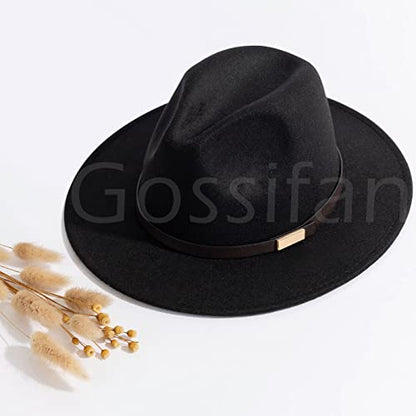 Fedora Hats for Men Wide Brim Panama Hat with Classic Belt - color: Black