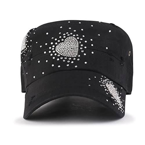 ililily Rhinestone Cotton Cadet Cap Vintage Distressed Cotton Military Army Hat - color: Black-heart
