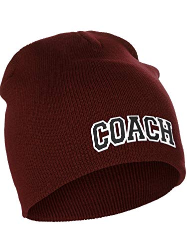 I&W Sports Team Coach Arch Letters Winter Knit Cuffless Beanie 3D Raised Layers - color: Burgundy Beanie White Black