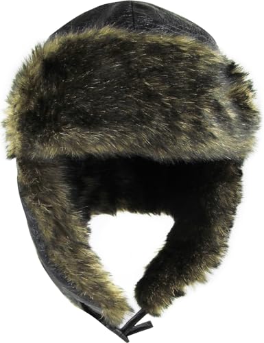 Wool Blend Aviator Trapper hat Trooper Ear Flaps Ushanka Eskimo Russian Warm Winter Cold… - color: Black Pu Leather