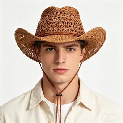 Men's Floppy Packable Straw Hat Beach Cap Newsboy Fedora Sun Hat, Big Brim, Adjustable Chin Strap - color: Khaki-a