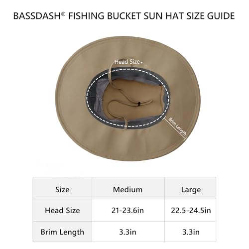 BASSDASH UPF 50+ Fishing Sun Hat Water Resistant Unisex Wide Brim Bucket Boonie Hat for Hiking Camping Safari FH15 - color: Dark Khaki, size: Large