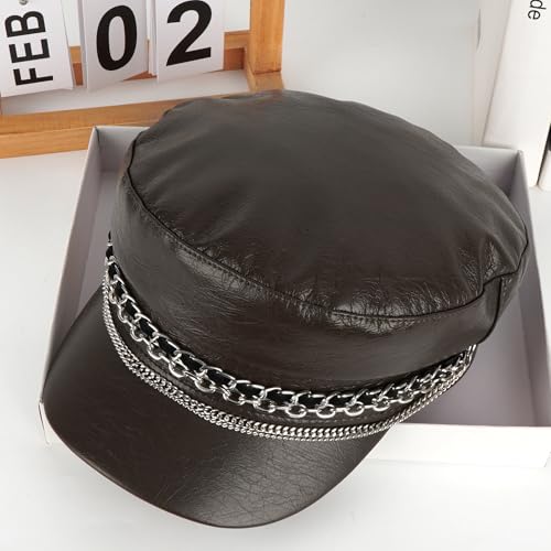 Women Metal Chain Flat Top PU Leather Newsboy Paperboy Hat Painter Cap - color: Chains Brown Coffee