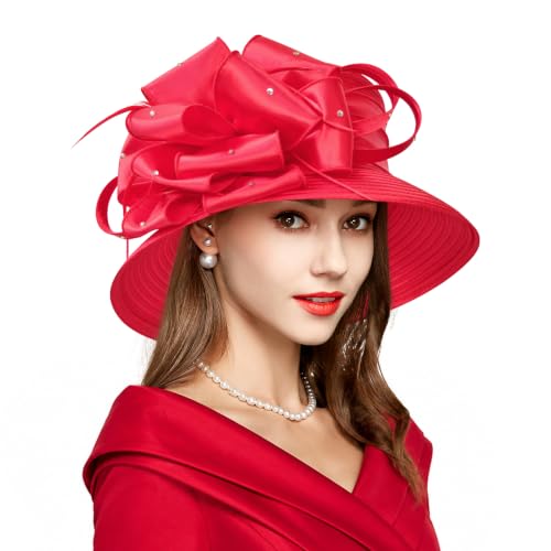 2026 Bucket Hats for Women Ladies Girls, Autumn Winter Fascinator Hat for Derby Kentucky Church Bridal UV Protection - color: A-4585red