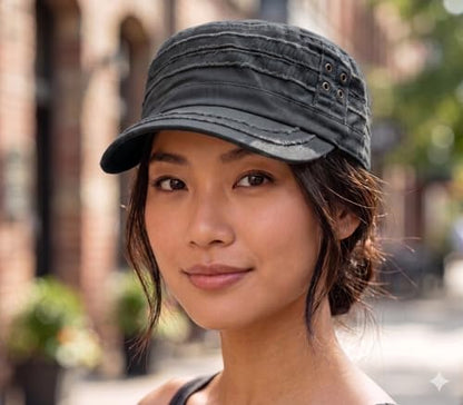 D&Y Unisex 100% Cotton Military Cadet Hat - Distressed Frayed Flat Top Cap - Adjustable Everyday Patrol Hat - color: Dark Gray
