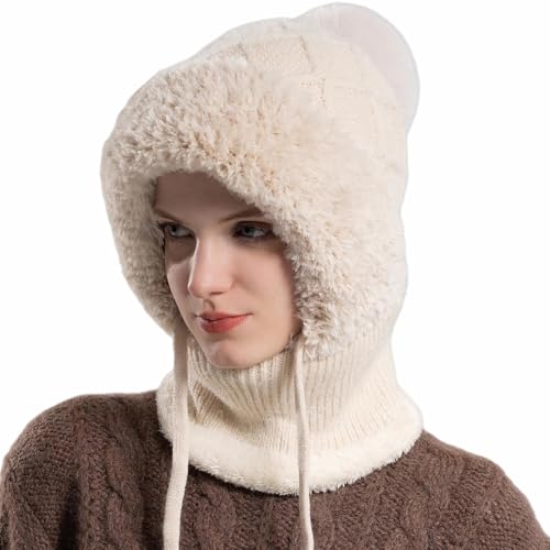 HUAMULAN Women Cable Knit Balaclavas Winter Fleece Lined Beanie Hat - color: Beige With String