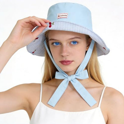 Women's Reversible Bucket Sun Hat with Cherries Embroidered Pattern, UPF 50+ UV Protection, Water Resistant for Beach Hiking - color: Light Blue
