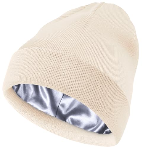 ROYBENS Satin Lined Beanie Hat for Women Men, Wool Knit Cuffed Winter Hats - color: 1pcs Beige