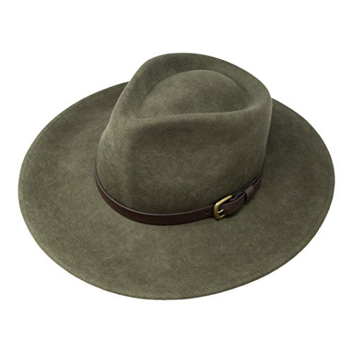 B&S Premium Lewis - Wide Brim Fedora Hat - 100% Wool Felt - Water Resistant - Leather Band - color: Olive Green, size: 7-7 1/8