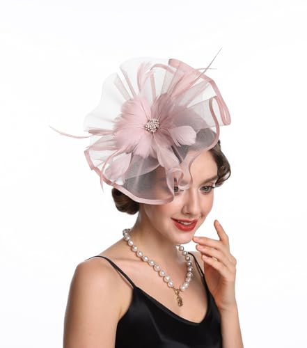 SAFERIN Fascinator for Women Hair Clip Hat Bowler Feather Flower Veil Wedding Party Hat Tea Hat - color: Ta1-pink Feather