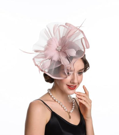 SAFERIN Fascinator for Women Hair Clip Hat Bowler Feather Flower Veil Wedding Party Hat Tea Hat - color: Ta1-pink Feather