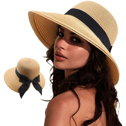 DRESHOW Sun Hats for Women Travel Fedora Foldable Beach Sun Hat Summer Wide Brim Straw Bucket Hat with Bowknot UPF 50+ - color: 1 Pack Bowknot Straw Hat: Khaki