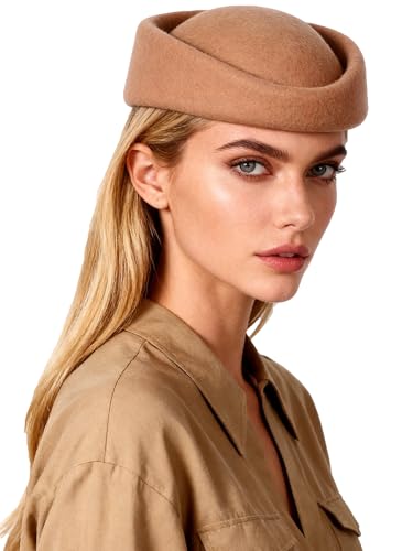 HIMESPORT Wool Felt Beret Derby Fascinator Hats for Women Ladies Church Tea Party Formal Wedding Pillbox Hat - color: Dark Camel