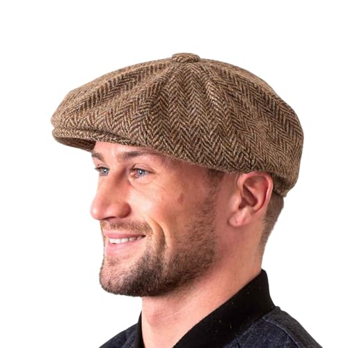 Hatman of Ireland Men's Donegal Tweed 8 Piece Cap Irish Newsboy Hat, Made in Ireland - color: Brown, size: Medium