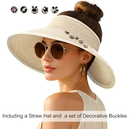 Women's Sun Visor Hats Wide Brim Straw Beach Hat Ponytail Hats for Women Foldable Floppy - color: 1pack-beige Diy Black