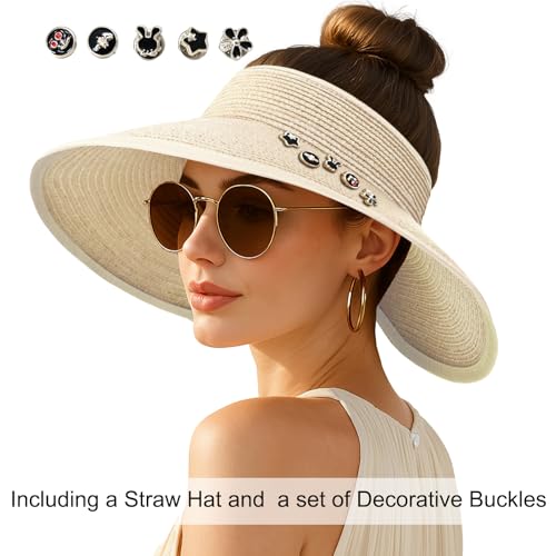 Women's Sun Visor Hats Wide Brim Straw Beach Hat Ponytail Hats for Women Foldable Floppy - color: 1pack-beige Diy Black
