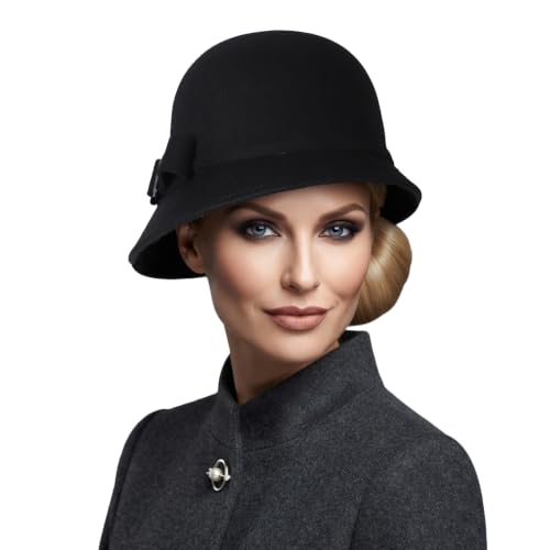 Women Solid Color 100% Wool Winter Hat Women Cloche Bucket Bowler with Bowknot - color: Black
