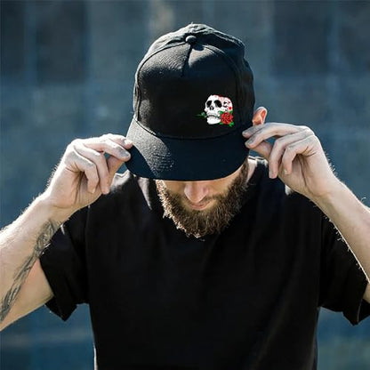 Flat Bill Hats for Men Snapback Hats for Men Baseball Cap for Men Black Snapback Women Fitting Hat - color: Skeleton Biting Flower