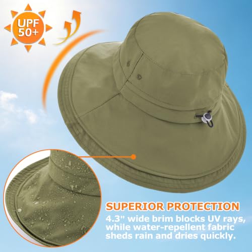 Women's UPF 50+ Waterproof Wide Brim Sun Bucket Hat with Ponytail Hole - color: Army Green