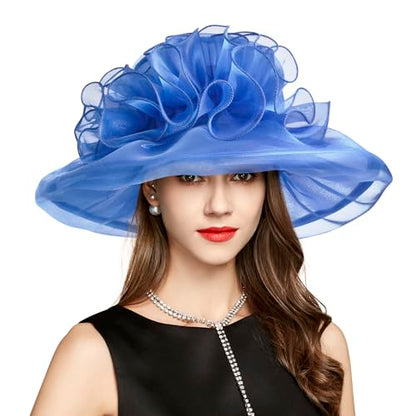 2026 Derby Hats for Women Ladies, Classy Organza Sun Hat, Church Tea Party Wedding Kentucky Fascinator Hat - color: 3a-4541-royal Blue