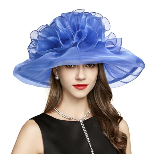 2026 Derby Hats for Women Ladies, Classy Organza Sun Hat, Church Tea Party Wedding Kentucky Fascinator Hat - color: 3a-4541-royal Blue