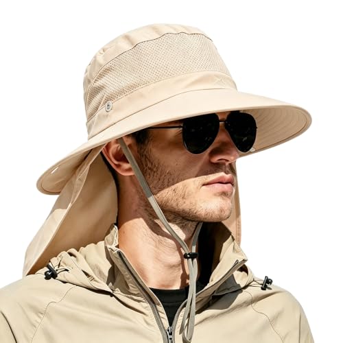 Outdoor Sun Hats with Stowable Neck Flap for Men Women UPF 50+ Mesh Summer Bucket Hat Wide Brim for Fishing Safari Hiking - color: Beige