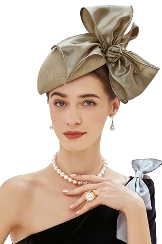 BABEYOND Fascinators Hats for Women Linen Satin Pillbox Bow Derby Tea Hat - color: Champagne