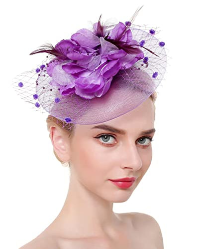 JWICOS Fascinators Hat for Women 50s Flower Hat with Veil Cocktail Wedding Tea Party Church Derby Hat - color: Purple
