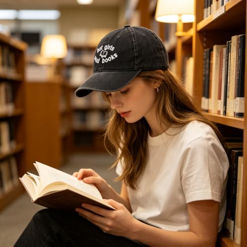 Embroidered Book Lover Baseball Cap for Men Women, Funny Washed Cotton Classic Dad Hat, Reading Lover Gift Idea - color: Hot Girls Read Books, Black